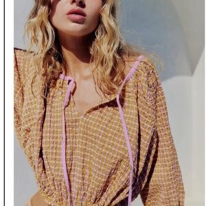 Free People Pink and Yellow Checkered Top
